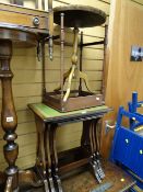 Reproduction nest of three table with green leather tooled top, wine table & another small side