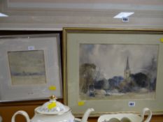 A framed watercolour of a church steeple through woodland together with a watercolour by JOHN