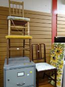 Three various dining chairs together with a cross stitch stool top