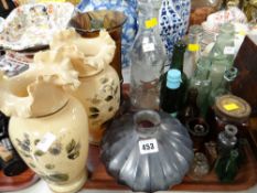 Pair of milk glass decorated vases, glass bottles etc