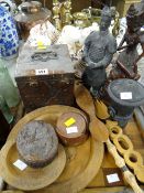 A wooden chess board, collection of carved wooden boxes & figures