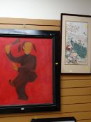 Framed oil on canvas of a Chinese female holding a fan, indistinctly signed by artist together