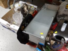 Two crates of various china, glassware, bathroom cabinet, painted tray etc