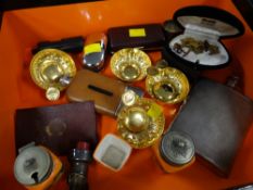 Box of various collectables including yellow metal cuff links, EPNS engine turned hip flask, gilt