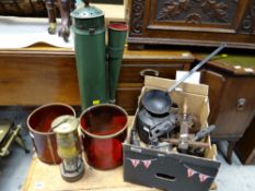 Miner's lamp, vintage blow lamps, flat iron etc