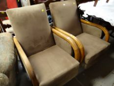 A pair of vintage suede upholstered wooden framed Deco-style armchairs
