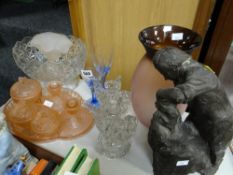 Glass dressing table set, large fruit bowl, glass candlesticks & sculpture of a male at work etc