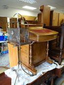 A small Davenport-desk (distressed) together with a good vintage brass & mesh magazine rack on