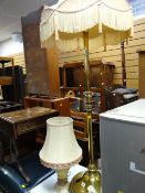 A polished brass standard lamp together with a table lamp E/T