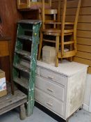 Parcel of furniture to include small painted white chest of drawers, wooden stepladder, kitchen