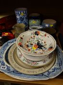 Large blue & white platter, stoneware jugs etc