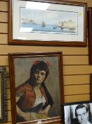 Framed oil on canvas of a gypsy woman together with a framed print of the harbour at Senglea, Malta,