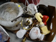 A crate of various table lamps together with vintage milk glass ceiling shades