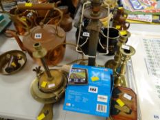 A Corinthian brass table lamp, brass candlesticks, Tom-Tom sat nav etc E/T