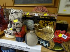 Collection of carved wooden & ceramic items together with two decorated boxes