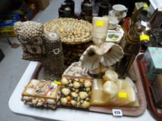 Tray of various shell decorated boxes, Egyptian onyx-style figures etc