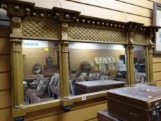 A gold painted three-section Georgian-style overmantel mirror