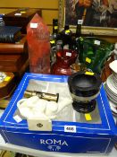 A Chinese floral decorated lidded barrel, cranberry glass jug, boxed decanter set, coloured glass