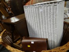 Computer desk, small two-drawer filing cabinet, side table, linen basket & vintage video camera