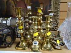 A collection of brassware including candlesticks etc