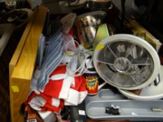 A crate of various household items including lap tray, lighting, mugs, cookery books etc E/T