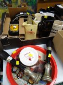 A parcel of breweriana including water jugs, beer pump handles, metal tray etc
