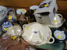 Tray of mixed china including vintage Staffordshire covered tureens