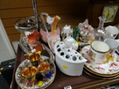 Tray of various china & glass including a hallmarked silver rimmed fruit bowl, milk glass,