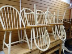 Modern circular pine & white painted dining table together with six matching chairs
