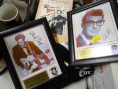 A small parcel of pop memorabilia, framed signatures, bags etc