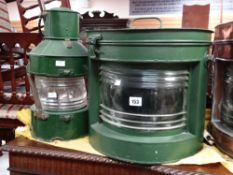 Two painted green metal mast head lamps