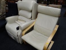A cream leather effect electric wingback recliner armchair together with a cream leather effect