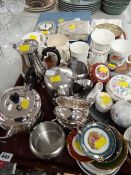 Two trays of various china including mugs, Aynsley vases, metal teaware, small Wedgwood mantel clock