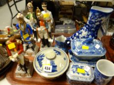 Five continental military figures, parcel of blue & white various china items