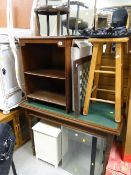 Parcel of furniture to include a vintage oak & green leather topped desk, open cabinet, clothes