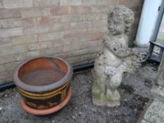 A small composite stone statue of a cherub & two garden pots (outside)