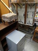 A vintage fancy-glass cabinet, brass effect metal glass topped Long John coffee table, small
