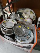 Two boxes of various kitchen china & cookware including Royal Worcester 'Evesham Gold' flan dish,