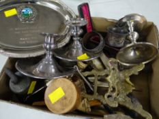 Box of various collectables including EPNS candlestick holders, telescopic cup, napkin rings,