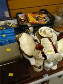 A tray of mixed china including Royal Worcester 'Evesham' oil jug, penguin ornaments & small
