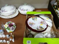Mixed box of crockery and glassware with two floral decorated Wedgwood tureens and a serving