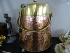 Vintage copper and brass lidded coal bucket with swing handle