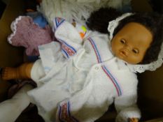 Box of mixed dolls, linen etc