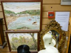 Unsigned oil on board - Welsh coastal harbour, oil on canvas - cottage scene, indistinctly signed