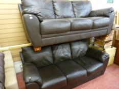 Pair of three seater black faux leather couches