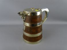 Victorian oak and EP banded lidded tankard with classical mask spout