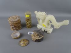Carved jade dragon and four Oriental carved soapstone boxes with covers