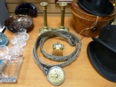Pair of vintage pierced base brass candlesticks, a shire horse harness strap etc