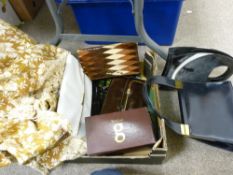 Box of vintage lady's evening bags and a Sleepmaster bed throw