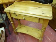 Pine compact hall table with lower shelf and drawer
